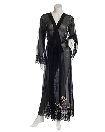 Marc and Andre Paris A9-09PS101-L Black Sheer Long Wrap Robe with Lace Trim myselflingerie.com