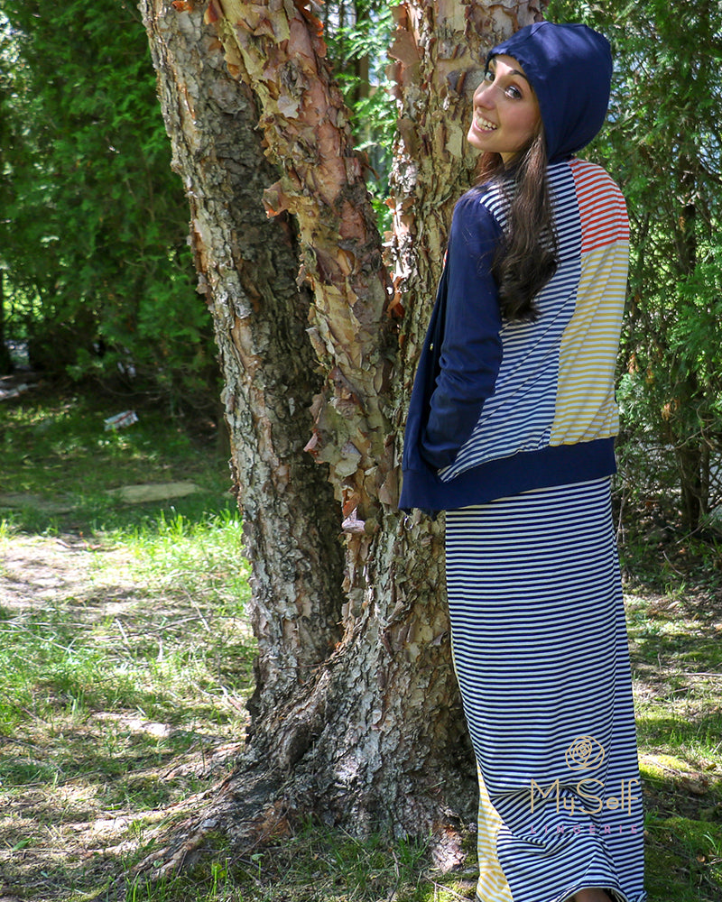 Citrus EL28 Navy Zip Up Hoodie with Yellow and Orange Stripes myselflingerie.com