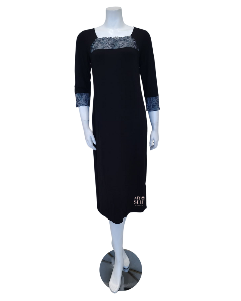 Oh! Zuza 3926 Black Flocked Sheer Lace Modal Nightshirt myselflingerie.com