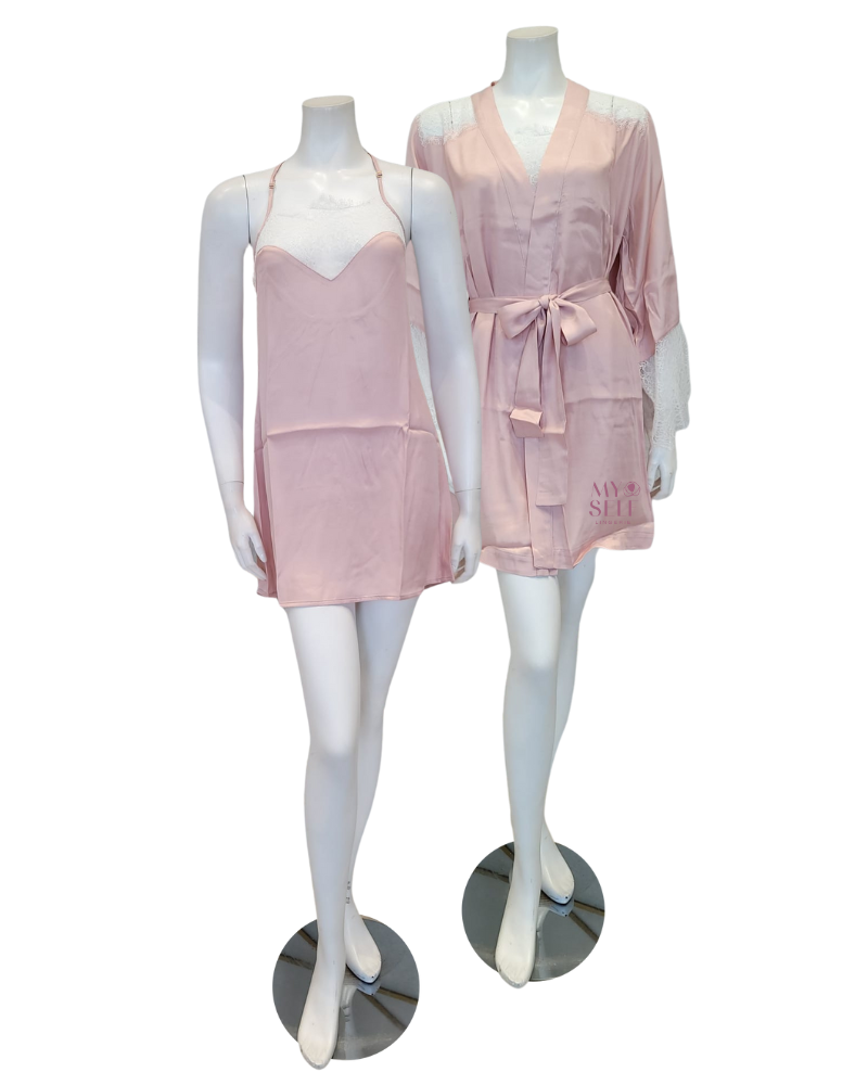 Oh! Zuza 3938 + 3939 Elegant White Lace Pink Chemise & Kimono Set myselflingerie.com