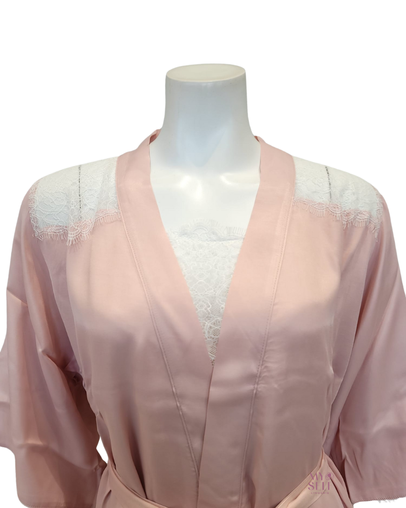 Oh! Zuza 3938 + 3939 Elegant White Lace Pink Chemise & Kimono Set myselflingerie.com