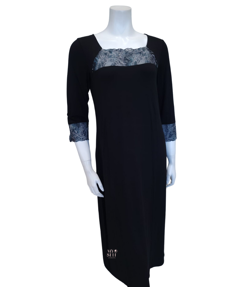 Oh! Zuza 3926 Black Flocked Sheer Lace Modal Nightshirt myselflingerie.com