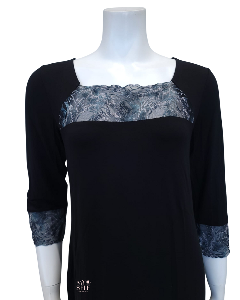 Oh! Zuza 3926 Black Flocked Sheer Lace Modal Nightshirt myselflingerie.com