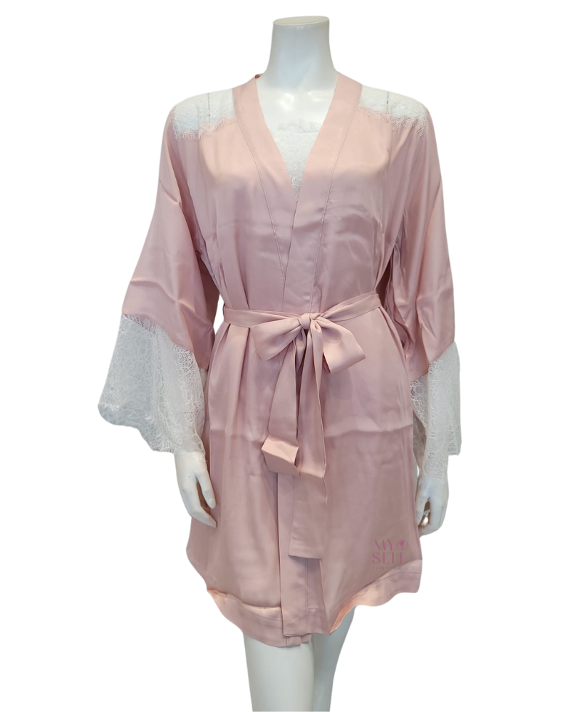 Oh! Zuza 3938 + 3939 Elegant White Lace Pink Chemise & Kimono Set myselflingerie.com