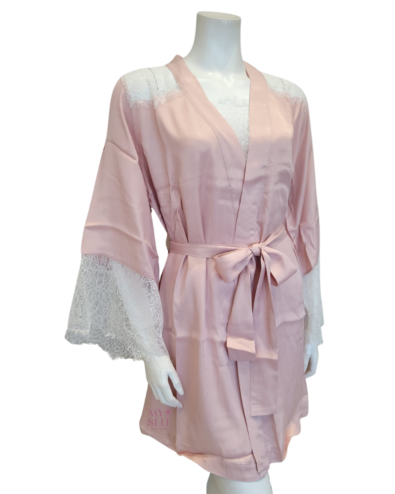 Oh! Zuza 3938 + 3939 Elegant White Lace Pink Chemise & Kimono Set myselflingerie.com