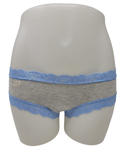 Fleur't 600 Heather Grey/Hampton Blue Iconic Modal Lace Trim Boyshort myselflingerie.com