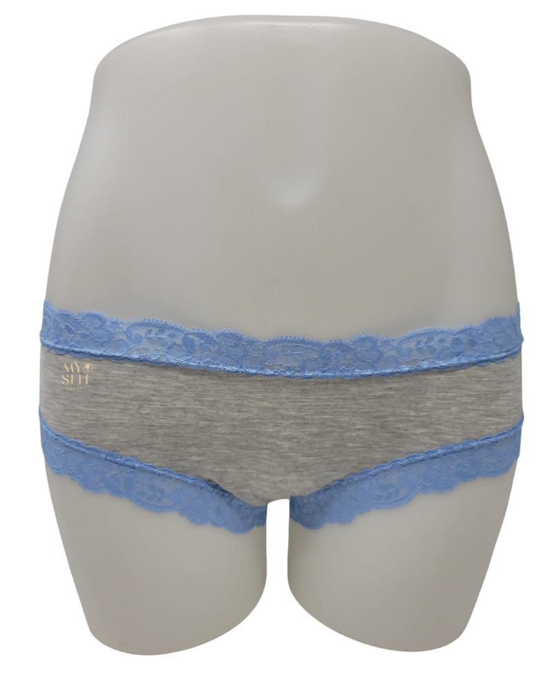 Fleur't 600 Heather Grey/Hampton Blue Iconic Modal Lace Trim Boyshort myselflingerie.com