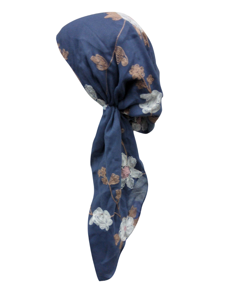 Revaz HS431CY/F Chambray & Pink Embroidered Flowers Adjustable Pre-Tied Bandanna with Velvet Grip myselflingerie.com