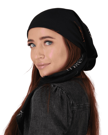 Lizi Headwear OBLVBLCF Black/Colorful Leaves Open Back Bandanna with Full Grip myselflingerie.com