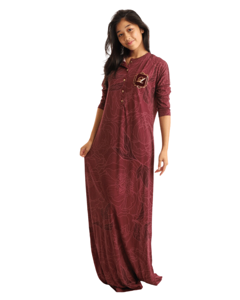 Lunderbeck N5002-23A Burgundy Logo Abstract Floral Button Down Nightgown myselflingerie.com