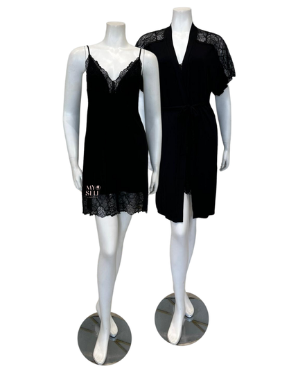 Oh! Zuza 4014 + 4015 Black Sheer Lace Modal Chemise & Wrap Set myselflingerie.com