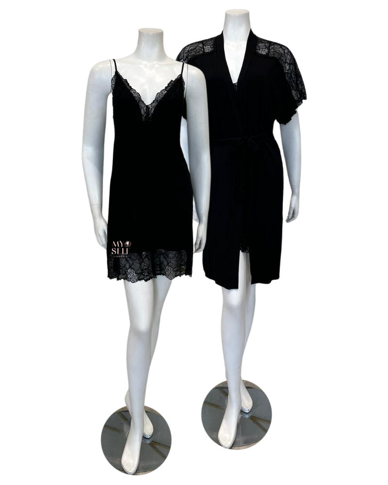 Oh! Zuza 4014 + 4015 Black Sheer Lace Modal Chemise & Wrap Set myselflingerie.com