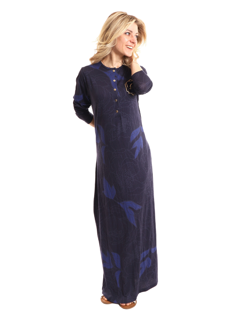Lunderbeck N5002-23A Denim Logo Abstract Floral Button Down Nightgown myselflingerie.com