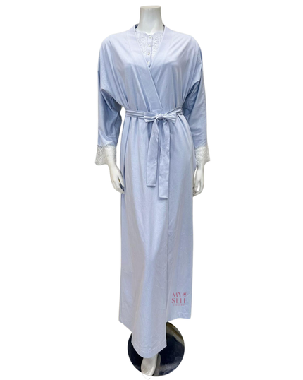 Iora Lingerie 23317AC Powder Blue Lace Sleeve Detail 100% Organic Cotton Wrap Robe myselflingerie.com
