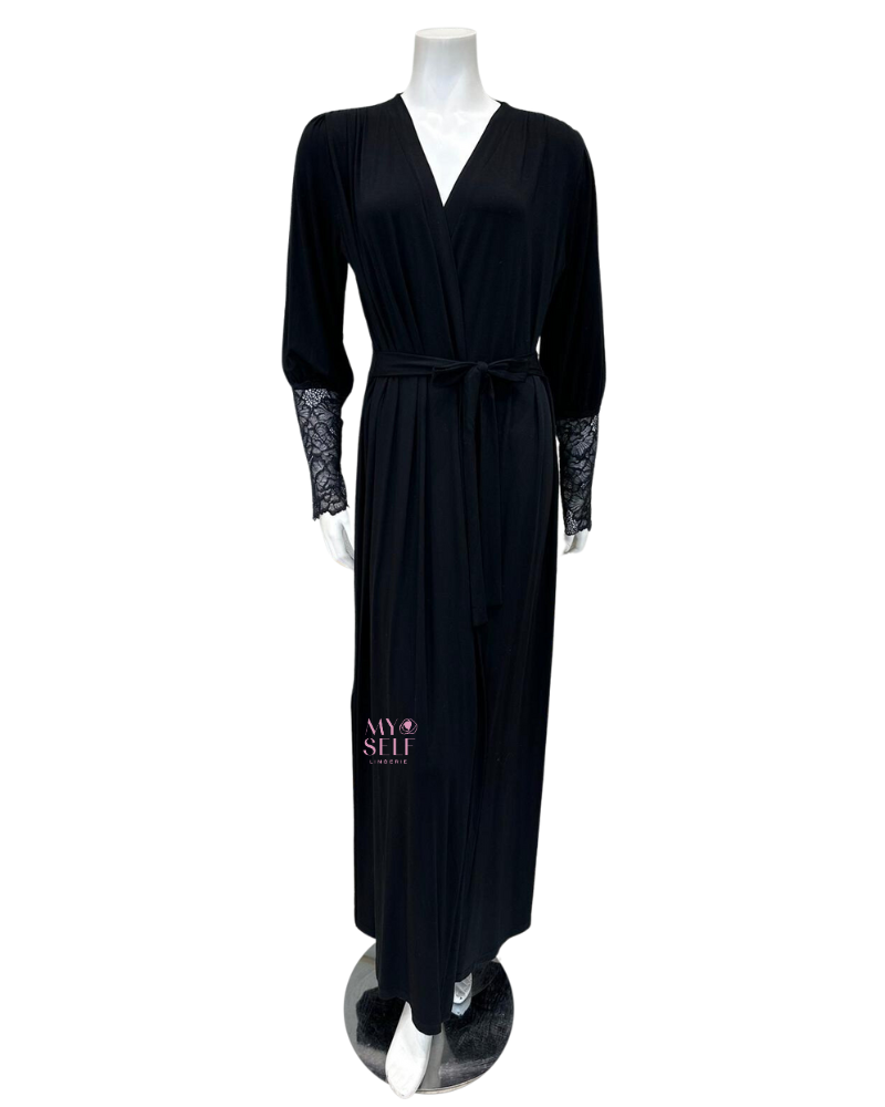Oh! Zuza 4011 Black Lace Modal Morning Robe myselflingerie.com
