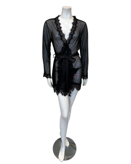 Oh La La Cheri 94-11136X Black Whip Eyelash Sheer Lace Robe with G-String myselflingerie.com