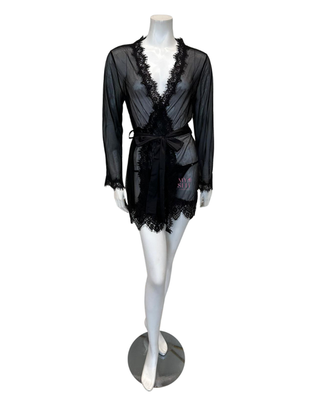Appliques Belted Lace Sleep Robe Without Lingerie Set Stylish and Elegant  (Color : Black, Size : Small)