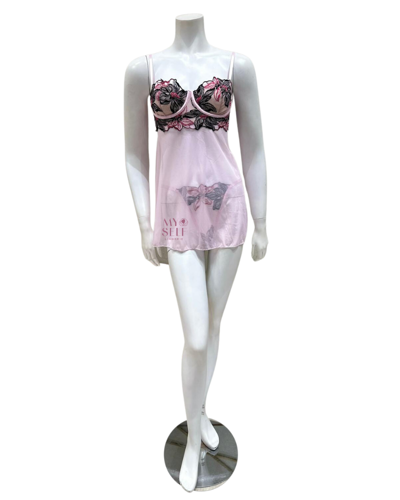 Oh La La Cheri 72-11799 Pink Tulle Multi Embroidery Underwire Chemise & Panty myselflingerie.com
