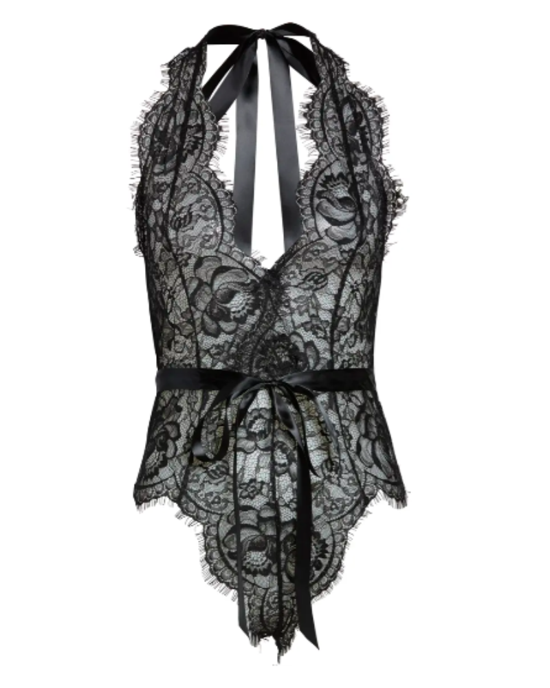 Oh La La Cheri Black Eyelash Lace Halter Teddy with Ties