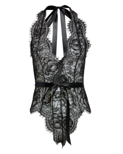 Oh La La Cheri Black Eyelash Lace Halter Teddy with Ties