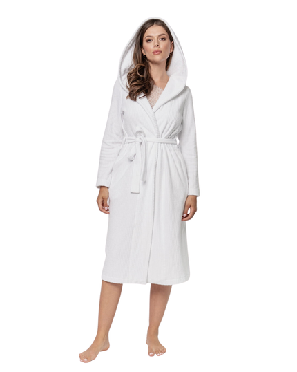 Oh! Zuza R03 White Ribbed Knee Length Cotton Terry Wrap Robe myselflingerie.com