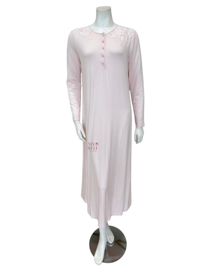 Verdiani 4016 Angel Pink Embroidered Lace Button Down Modal Nightgown myselflingerie.com