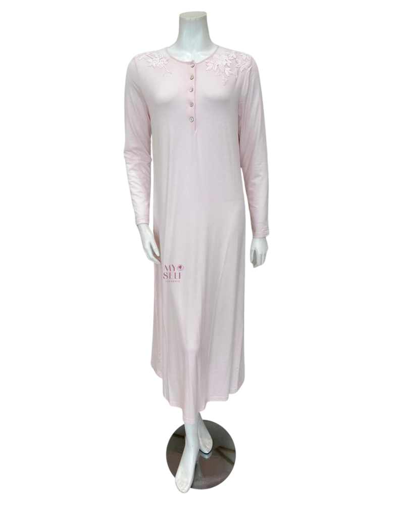 Verdiani 4016 Angel Pink Embroidered Lace Button Down Modal Nightgown myselflingerie.com