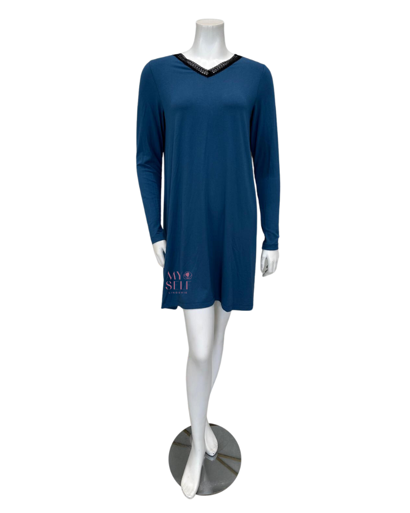 Jackie O'Loungewear NGHTSHRT-PERI Periwinkle V Neck Lace Long Sleeves Modal Nightshirt myselflingerie.com