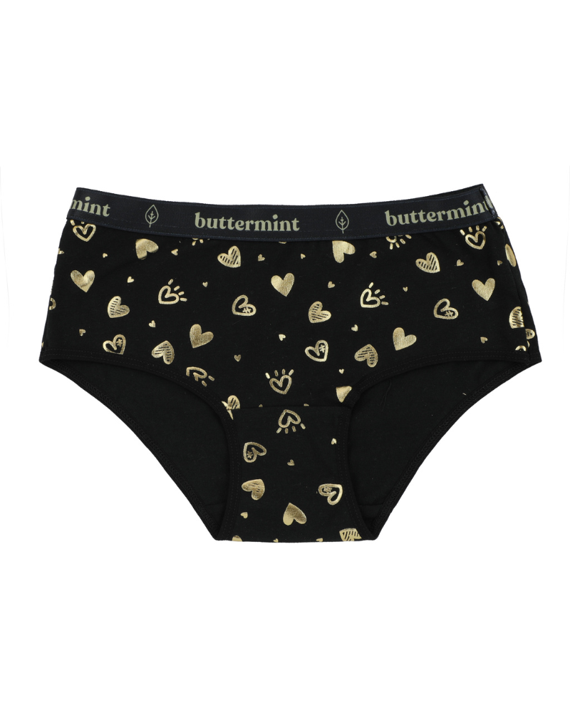 Buttermint HIP-HRT-BK Gold Hearts Black Cotton Teen Hipsters 3 Pack myselflingerie.com