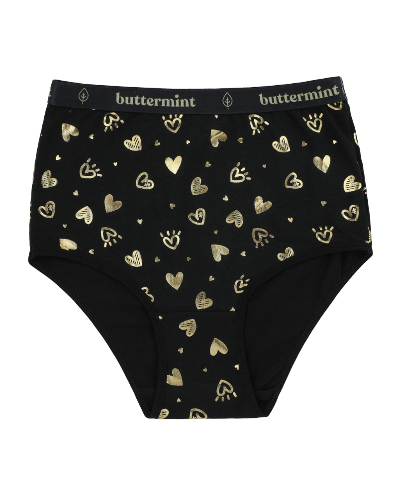 Buttermint BR-HRT-BK Gold Hearts Black Cotton Teen Briefs 3 Pack myselflingerie.com