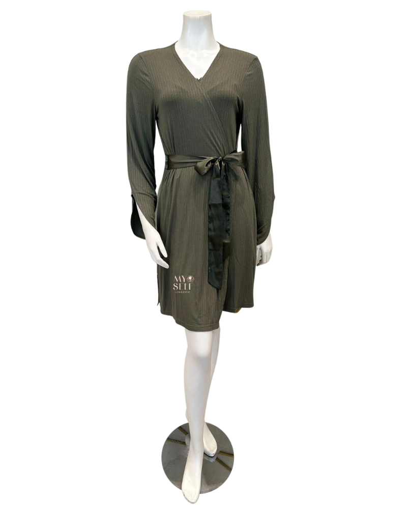 Fleur't 6312 Dusty Olive Whisper Pointelle Modal Short Morning Robe myselflingerie.com