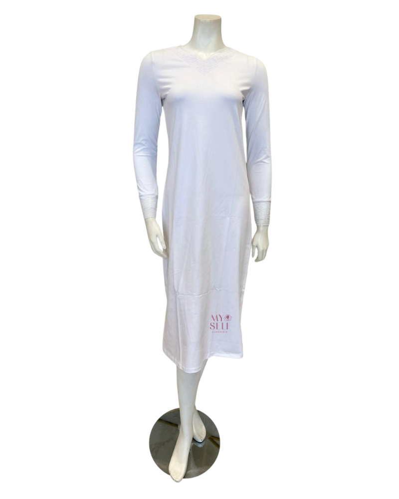 Oh! Zuza M4140 White Swirl Design Modest V Neck Modal Nightshirt myselflingerie.com