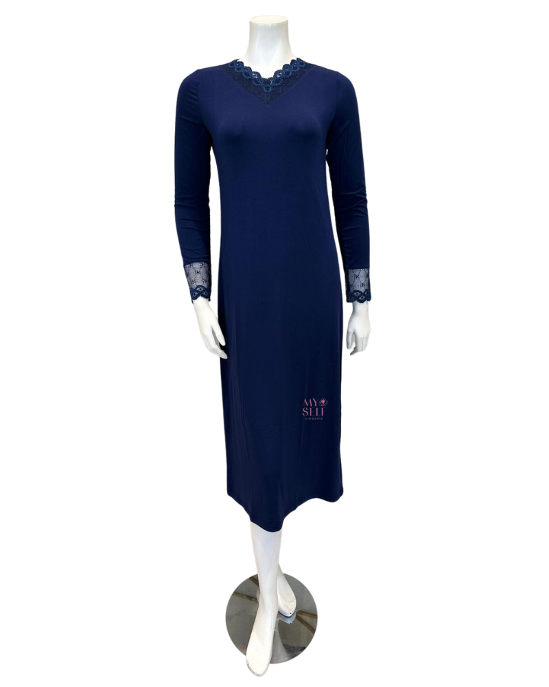 Oh! Zuza M4140 Navy Swirl Design Modest V Neck Modal Nightshirt myselflingerie.com