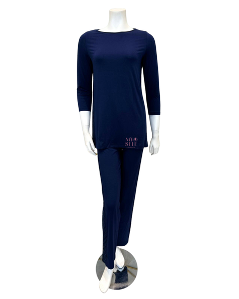 Oh! Zuza M4144 Navy Swirl Design Lace Trimmed Modal Pajamas Set myselflingerie.com