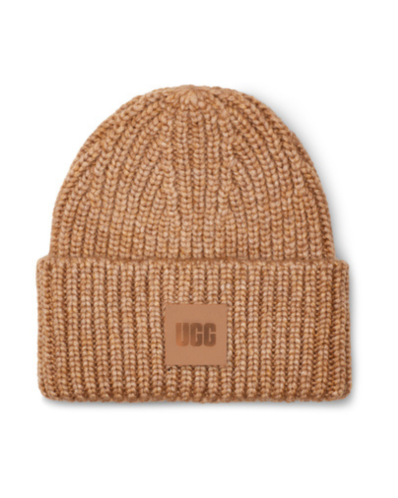 UGG 20061 Camel Chunky Rib Knit Beanie with Logo myselflingerie.com