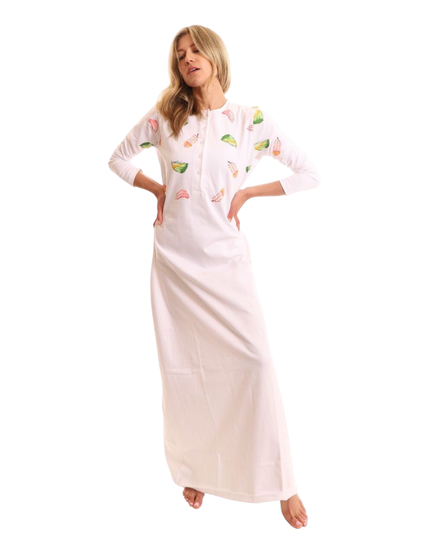 N5041-24A White Feather Print Button Down Cotton Nightgown