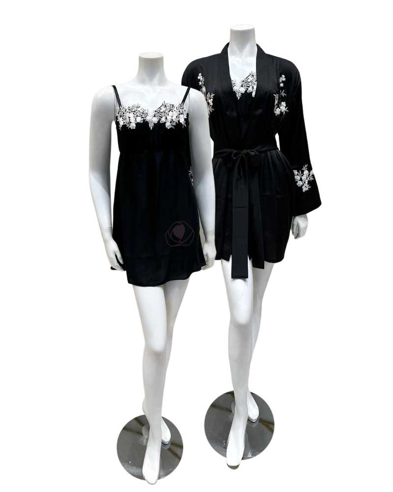 Isayes Lingerie Black Embroidered Chemise & Wrap Set