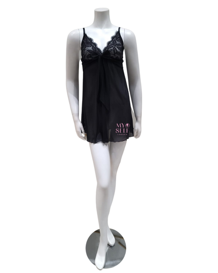Samantha Chang SC4413123 Black with Black Mesh Illusion Chemise myselflingerie.com