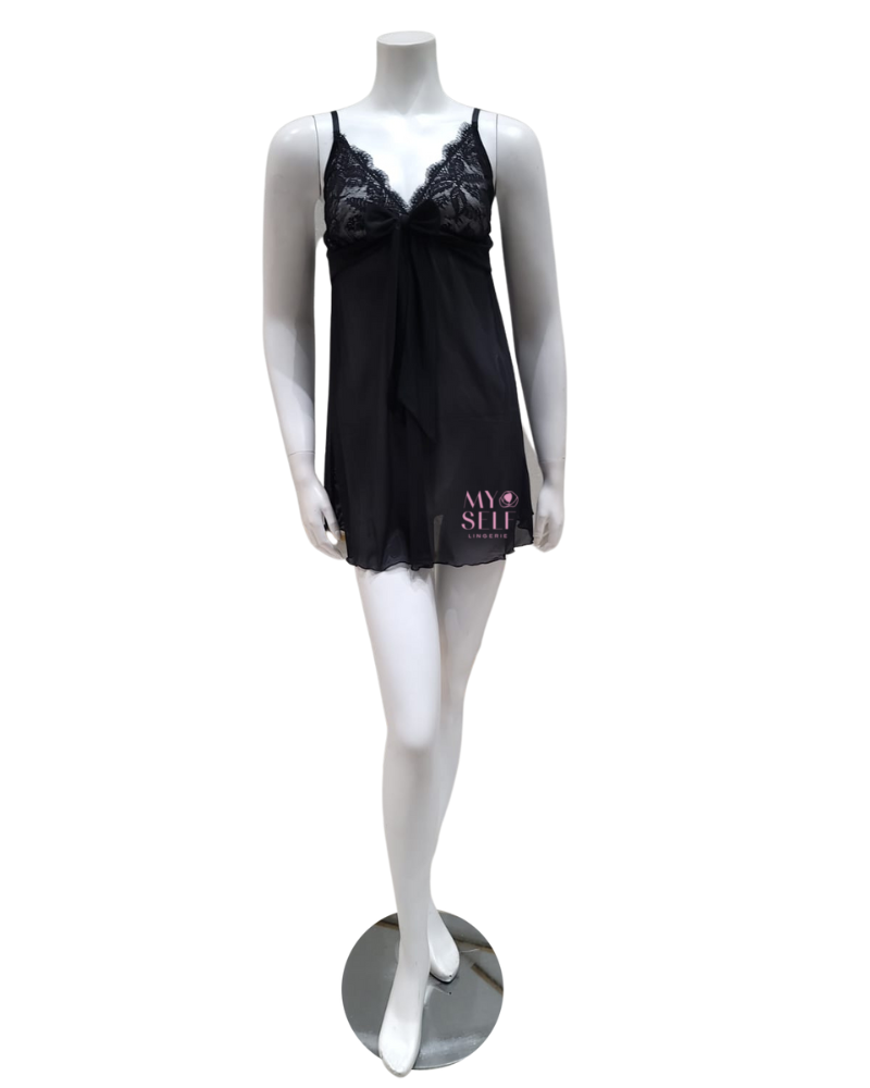 Samantha Chang SC4413123 Black with Black Mesh Illusion Chemise myselflingerie.com