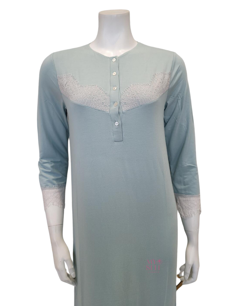 Iora Lingerie 23116C Mint Lace Detail Button Down Modal Nightgown MYSELFLINGERIE.COM