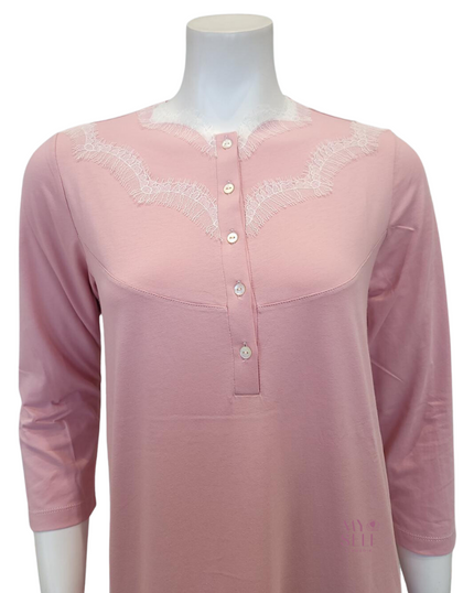 Iora Lingerie 23122AC Pink Lace Detail Button Down 100% Organic Cotton Nightgown myselflingerie.com
