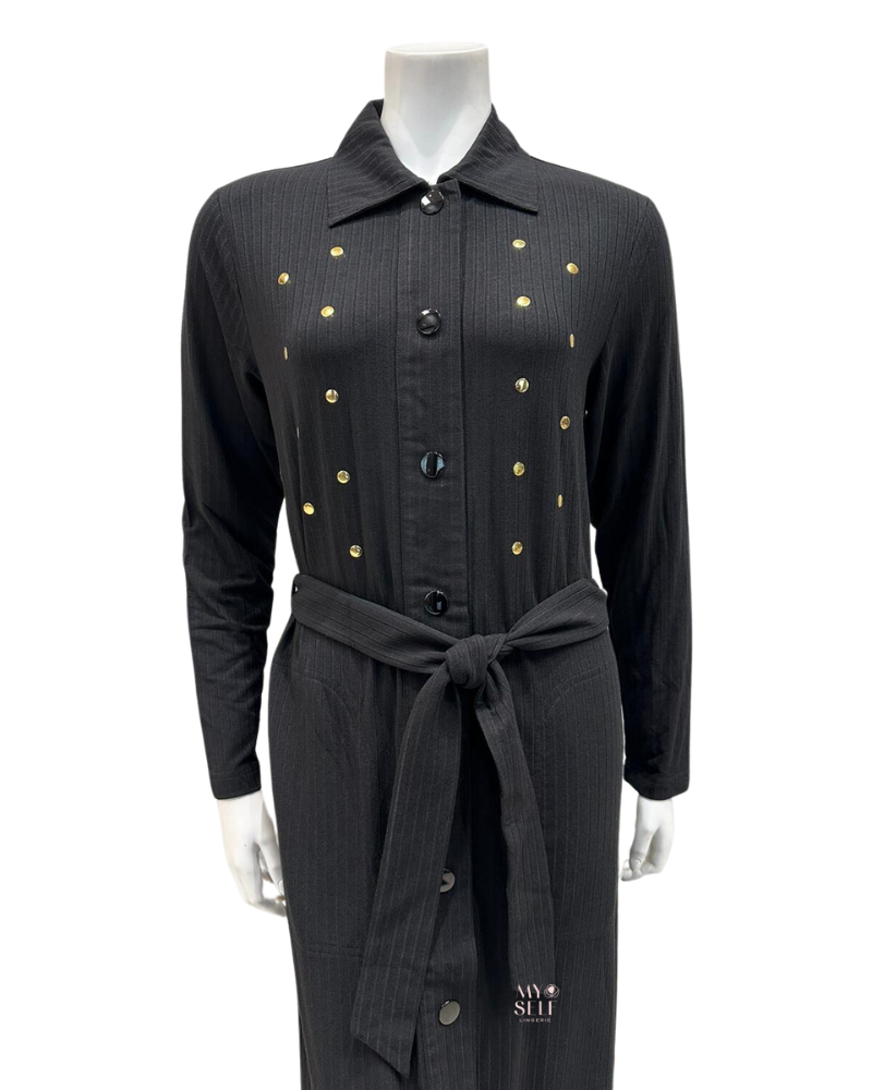 Nico Italy AH919 Studded Black Ribbed Modal Snap Front Morning Wrap Robe  myselflingerie.com