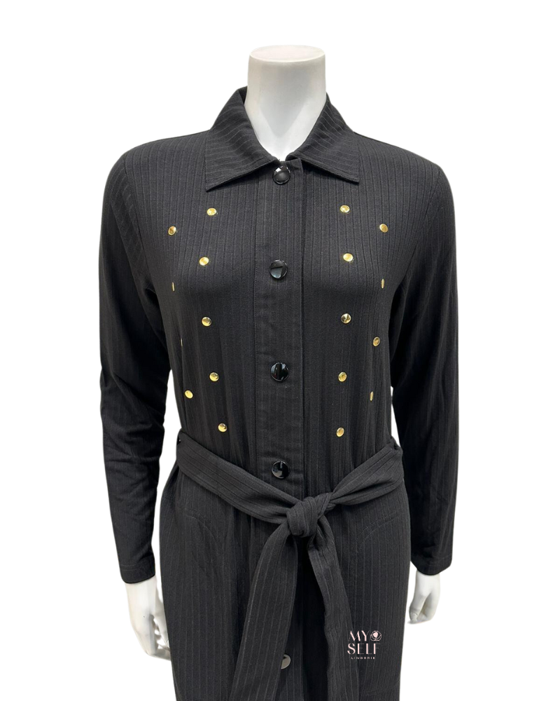 Nico Italy AH919 Studded Black Ribbed Modal Snap Front Morning Wrap Robe  myselflingerie.com