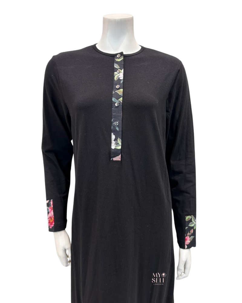 Nico Italy AH842 Floral Placket Black Snap Front Cotton Nightgown myselflingerie.com