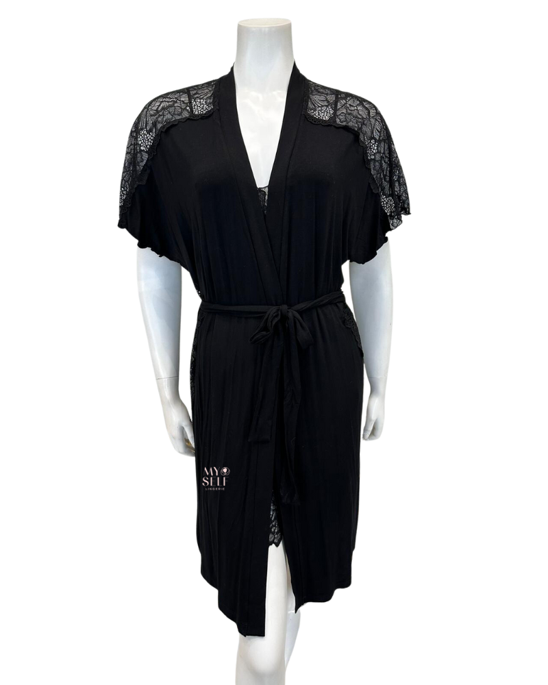 Oh! Zuza 4014 + 4015 Black Sheer Lace Modal Chemise & Wrap Set myselflingerie.com