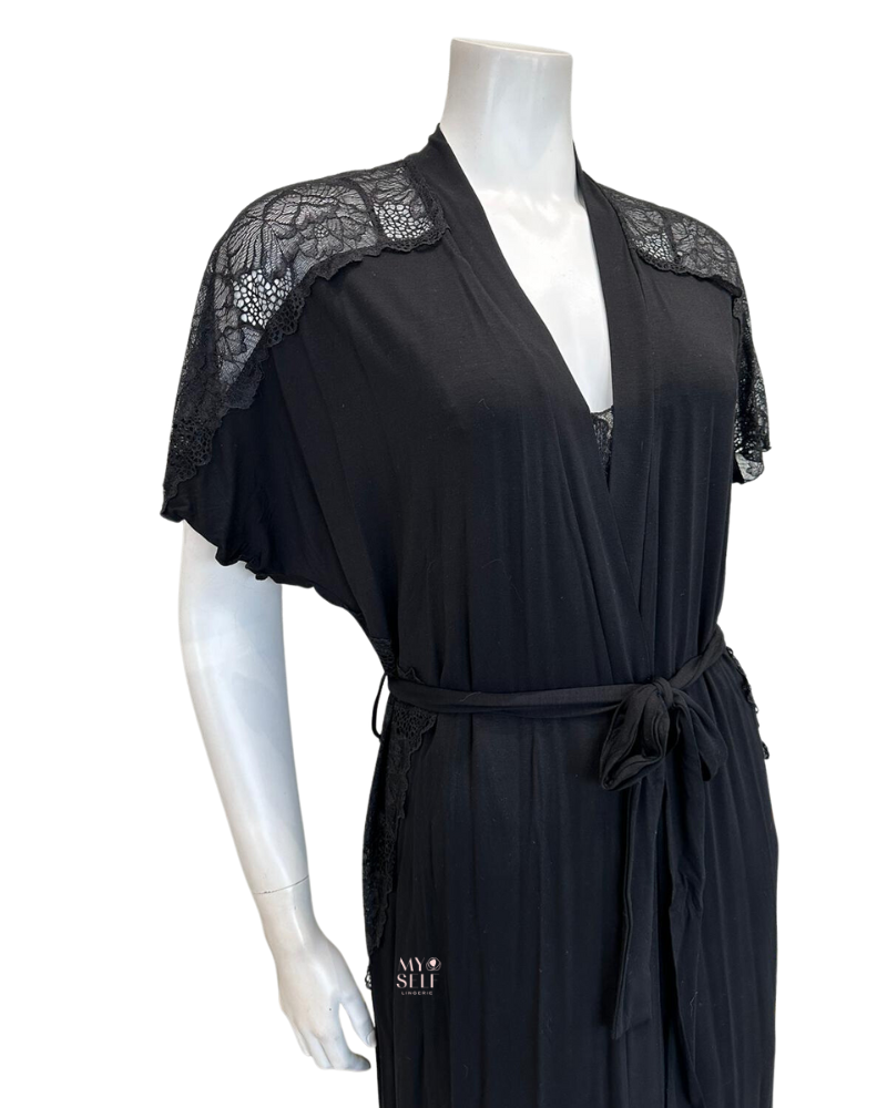 Oh! Zuza 4014 + 4015 Black Sheer Lace Modal Chemise & Wrap Set myselflingerie.com