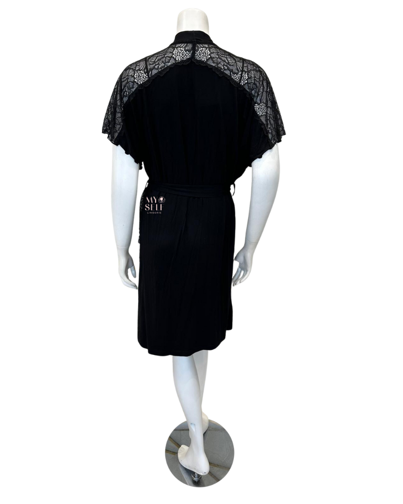 Oh! Zuza 4014 + 4015 Black Sheer Lace Modal Chemise & Wrap Set myselflingerie.com