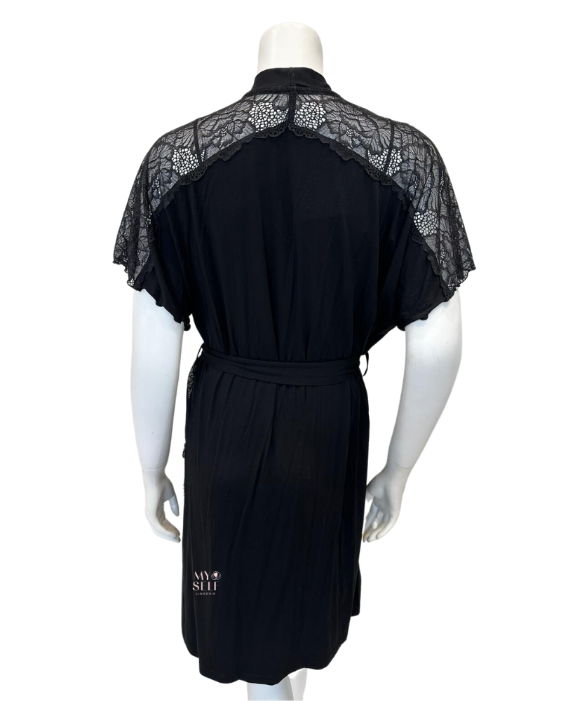 Oh! Zuza 4014 + 4015 Black Sheer Lace Modal Chemise & Wrap Set myselflingerie.com