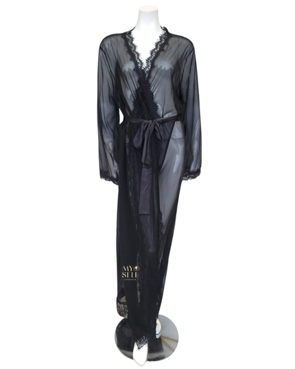 Oh La La Cheri 95-11136X Black Eyelash Sheer Lace Robe with Satin Sash myselflingerie.com