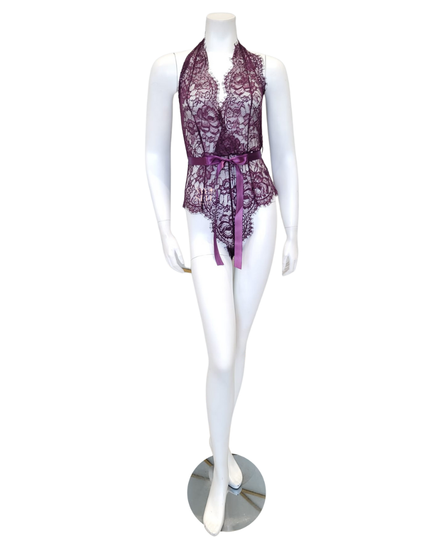 Oh La La Cheri 52-11025 Potent Purple Eyelash Lace Halter Teddy with Ties myselflingerie.com